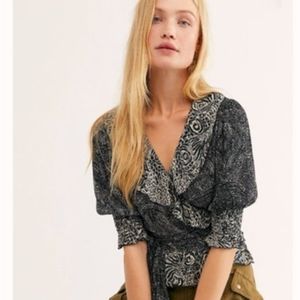 Free People Olivia Printed Wrap Top Black size S